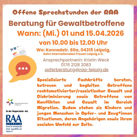 Offene Sprechstunde der Beratung für Gewaltbetroffene der RAA e.V.
