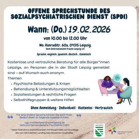 Offene Psychosoziale Sprechstunde des Sozialpsychiatrischen Dienstes (SpDi) der Stadt Leipzig