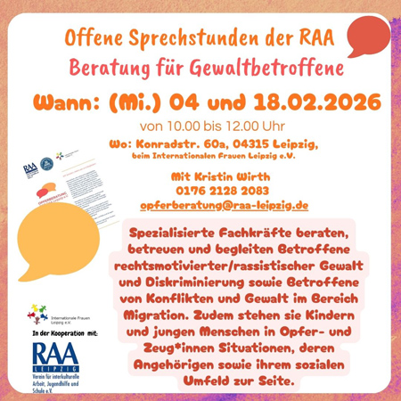 Offene Sprechstunde der Beratung für Gewaltbetroffene der RAA e.V.