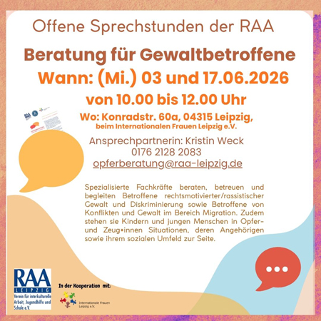 Offene Sprechstunde der Beratung für Gewaltbetroffene der RAA e.V.