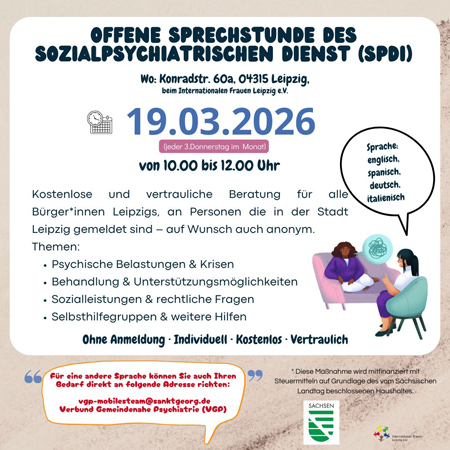 Offene Psychosoziale Sprechstunde des Sozialpsychiatrischen Dienstes (SpDi) der Stadt Leipzig