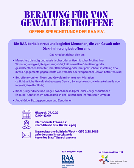 Offene Sprechstunde der Beratung für Gewaltbetroffene der RAA e.V.