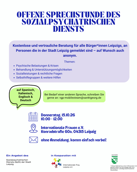 Offene Psychosoziale Sprechstunde des Sozialpsychiatrischen Dienstes (SpDi) der Stadt Leipzig