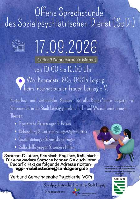 Offene Psychosoziale Sprechstunde des Sozialpsychiatrischen Dienstes (SpDi) der Stadt Leipzig